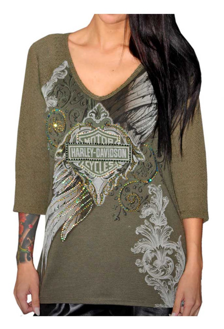Harley-Davidson Women's Wings of a Diamond, 3/4 Sleeve Tee, Embellished HD133OLV - Wisconsin Harley-Davidson