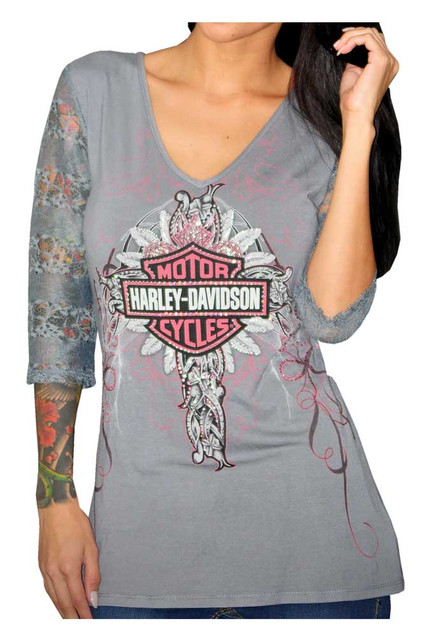 Harley-Davidson Women's Storming Passion, 3/4 Sleeve Tee, Embellished HD139GRY - Wisconsin Harley-Davidson