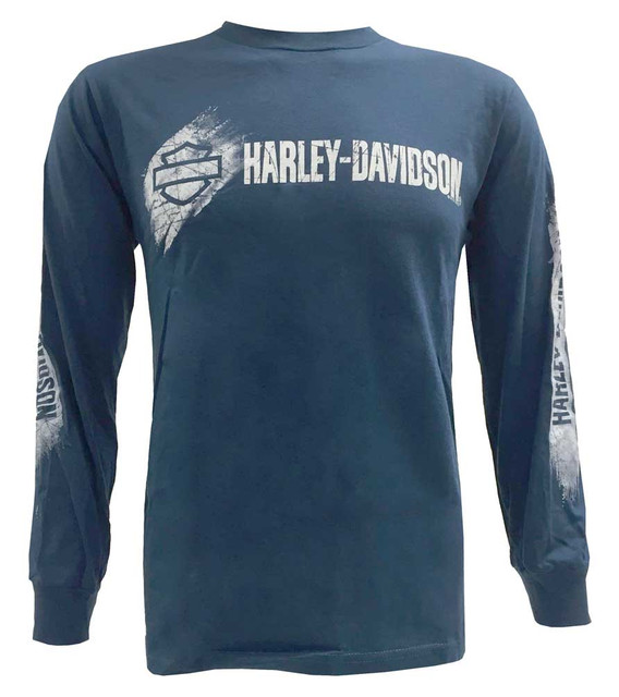 Harley-Davidson Men's Runaway Distressed H-D Script Long Sleeve Shirt, Blue - Wisconsin Harley-Davidson