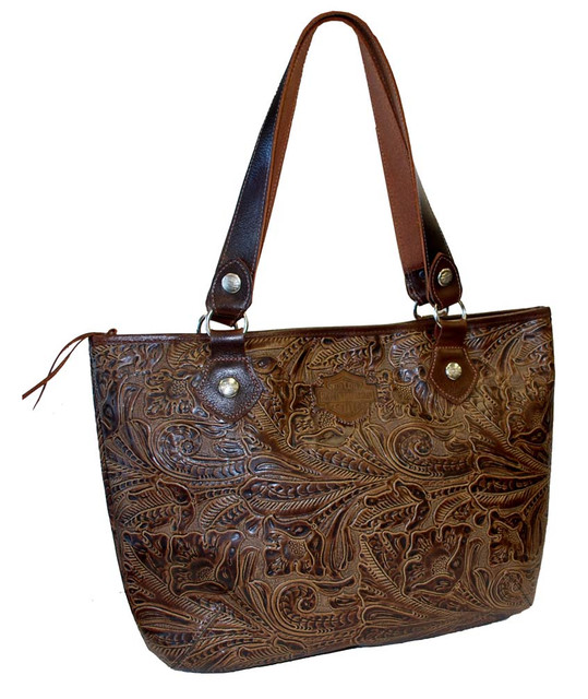 Harley-Davidson Women's Floral Tote Bag Brown Leather CH456 - Wisconsin Harley-Davidson