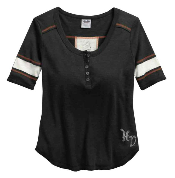 Harley-Davidson Women's Colorblocked Elbow Length Henley Tee, Black 96291-16VW - Wisconsin Harley-Davidson