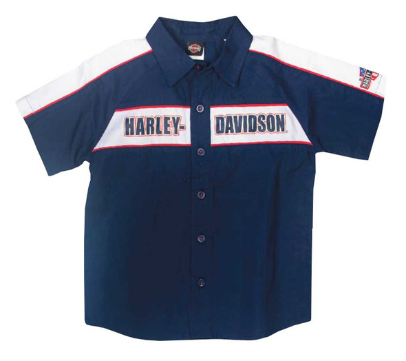 Harley-Davidson Little Boys' Poplin Short Sleeve Shop Shirt, Navy Blue 1082633 - Wisconsin Harley-Davidson