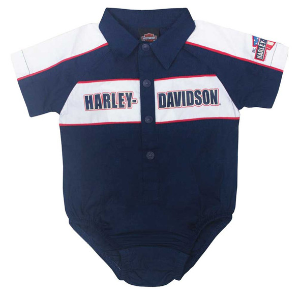 Harley-Davidson Baby Boys' Short Sleeve Newborn Woven Shop Creeper, Navy 3052617 - Wisconsin Harley-Davidson