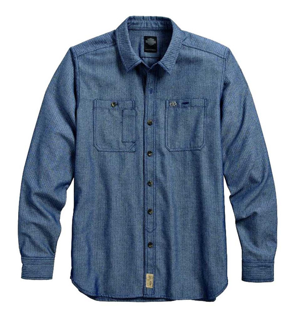 Harley-Davidson Men's Herringbone Woven Long Sleeve Shirt, Blue 96455-16VM - Wisconsin Harley-Davidson