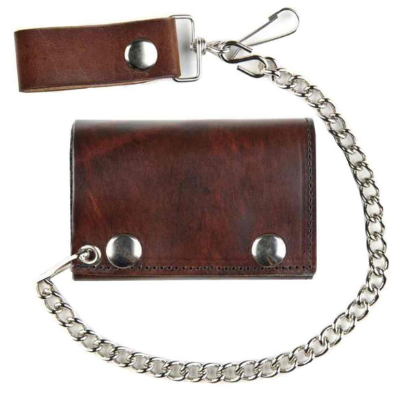 Men's TriFold Biker Chain Styled Wallet, Genuine Antique Brown Leather AT304 - Wisconsin Harley-Davidson