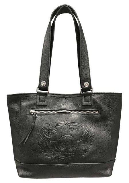 Genuine Leather Women's Embossed Winged Skull Soft Leather Tote Bag, Black SK681 - Wisconsin Harley-Davidson