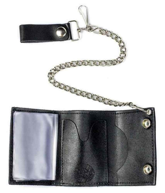 Genuine Leather Men's Skull & Crossbones Tri-Fold Chain Wallet