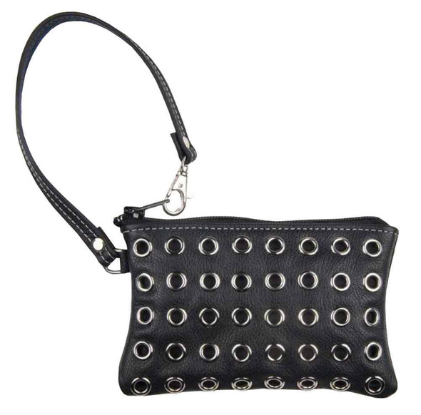 Genuine Leather Women's Eyelets Grommet Wrist Pouch, Black Biker Leather GW17 - Wisconsin Harley-Davidson