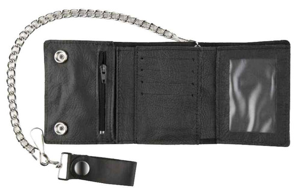 Motorcycle Men's Large Tri-Fold Biker Chain Wallet, Genuine Black