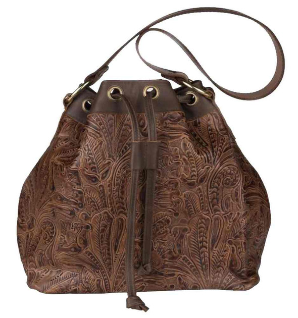 Genuine Leather Women's  Draw String Bag, Embossed Floral Design, Brown CF680 - Wisconsin Harley-Davidson