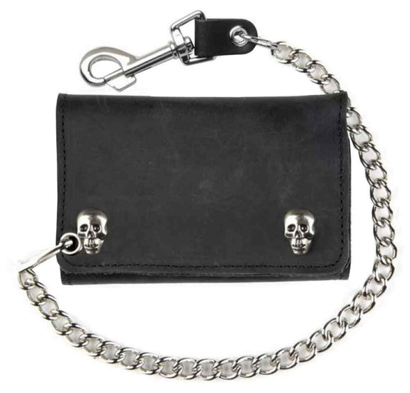 Genuine Leather Men's XL Tri-Fold Biker Chain Wallet w/ Skull Snaps, Black SK325 - Wisconsin Harley-Davidson