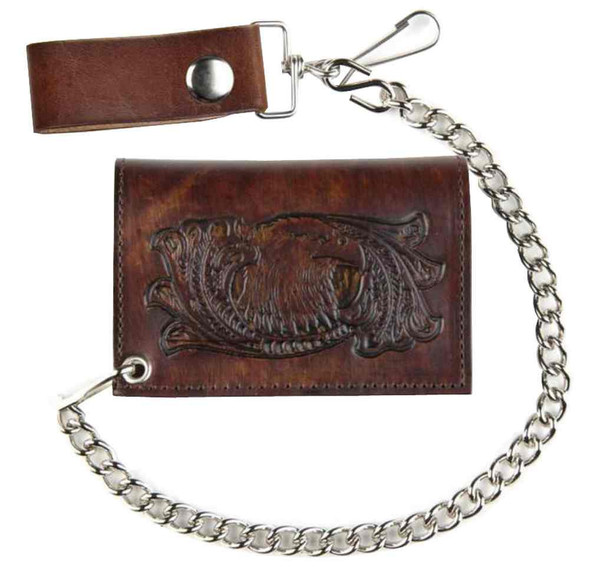 Genuine Leather Men's Eagle Head Antique Tri-Fold Biker Chain Wallet AT322-32 - Wisconsin Harley-Davidson