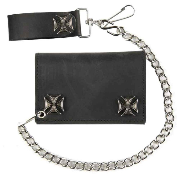 Genuine Leather Men's Tri-Fold Biker Chain Wallet w/ Maltese n Cross Snaps IC328 - Wisconsin Harley-Davidson