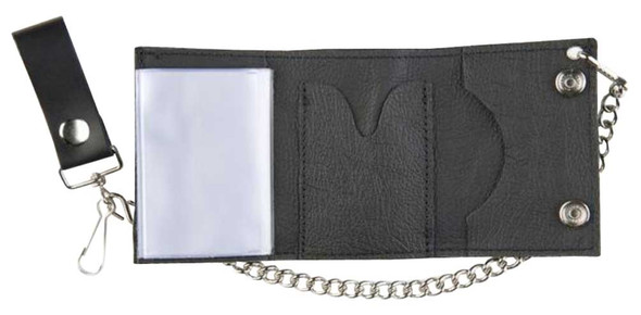Motorcycle Men's Tri-Fold Biker Chain Wallet, Black Genuine