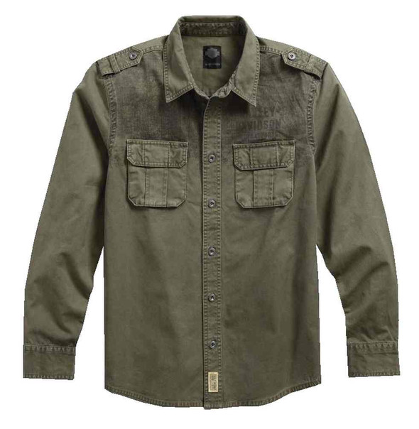Harley-Davidson Men's Black Label Distressed Print Work Shirt, Green 96564-17VM - Wisconsin Harley-Davidson