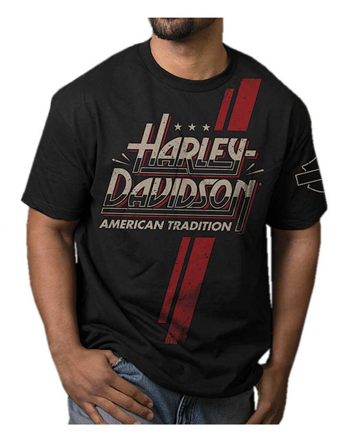 Harley-Davidson Men's Racing Stripe H-D Script Short Sleeve T-Shirt, Solid Black - Wisconsin Harley-Davidson