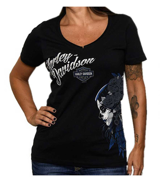Harley-Davidson Women's Finados Day Of The Day V-Neck Short Sleeve Tee, Black - Wisconsin Harley-Davidson