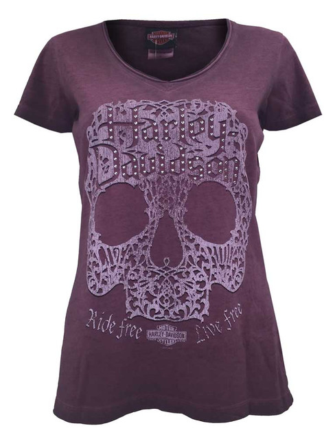 Harley-Davidson Women's Branded Sugar Skull Studded Short Sleeve Tee, Red - Wisconsin Harley-Davidson