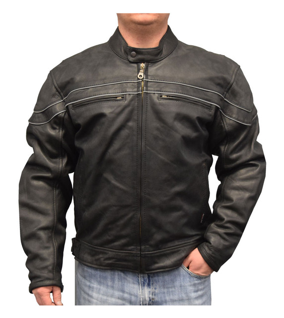 Redline Men's Reflective Piping Zip Front Leather Motorcycle Jacket, Black M-88 - Wisconsin Harley-Davidson