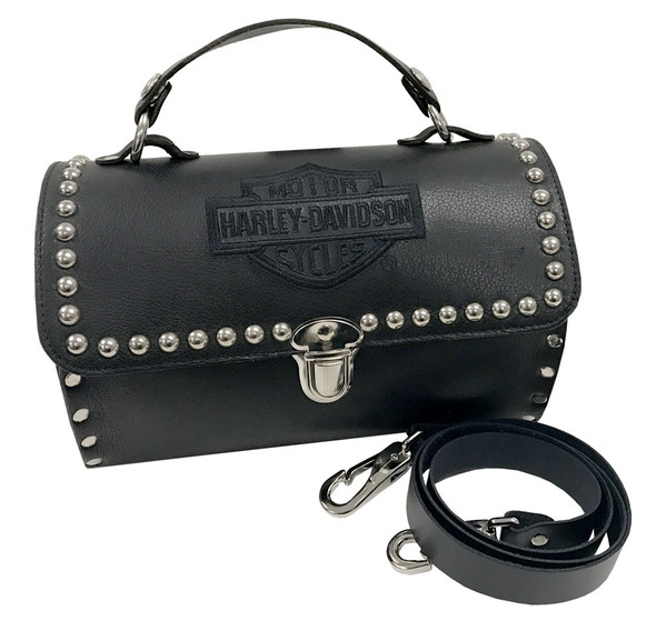 Harley-Davidson Womens Embroidered B&S Studded Barrel Leather Purse, Black HD625 - Wisconsin Harley-Davidson