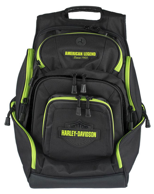 Harley-Davidson Sculpted Bar & Shield Lime Deluxe Backpack, Black BP2000S-LIMBLK - Wisconsin Harley-Davidson