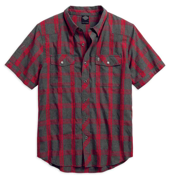 Harley-Davidson Men's Black Label Heathered Plaid Shirt, Red 99037-17VM - Wisconsin Harley-Davidson