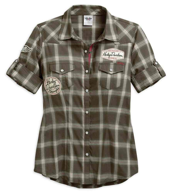 Harley-Davidson Women's Multi-Patch Short Sleeve Plaid Shirt, Brown 96077-17VW - Wisconsin Harley-Davidson