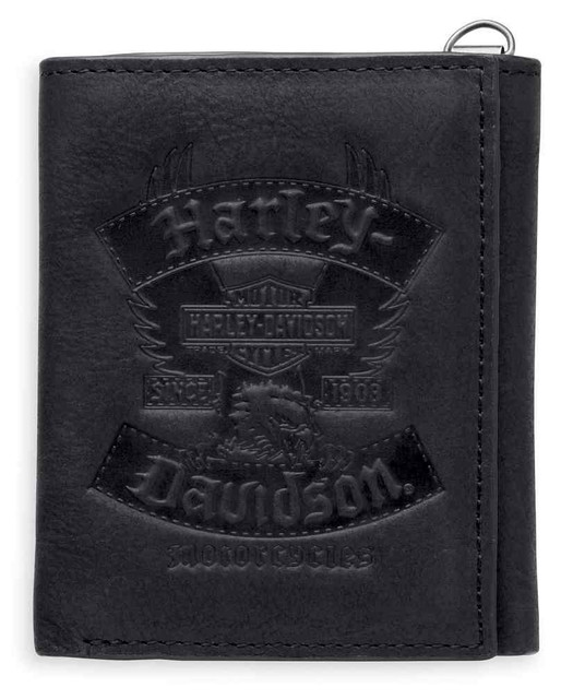 Harley-Davidson Men's Distressed Eagle Tri-Fold Leather Wallet, Black 97830-17VM - Wisconsin Harley-Davidson