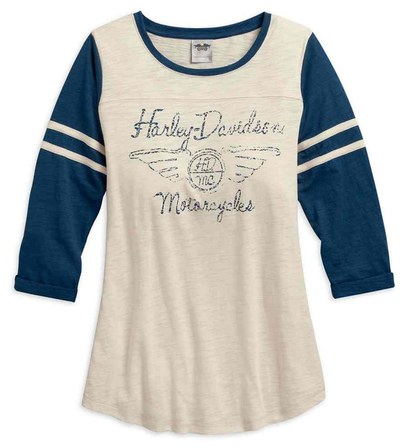 Harley-Davidson Women's Colorblocked Distressed 3/4 Sleeve Knit Top 96087-17VW - Wisconsin Harley-Davidson