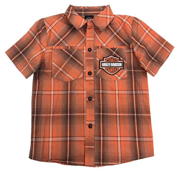 Harley-Davidson Little Boys' Plaid Short Sleeve Shop Shirt, Orange 1072723 - Wisconsin Harley-Davidson