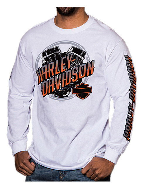 Harley-Davidson Men's Bright Engine Crest Long Sleeve Crew-Neck Shirt, White - Wisconsin Harley-Davidson