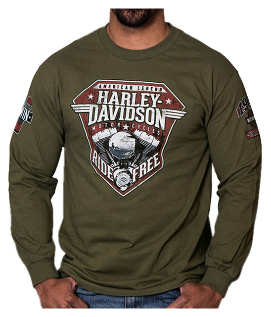 Harley-Davidson Men's Distressed Uprising Long Sleeve Shirt, Fatigue Green - Wisconsin Harley-Davidson