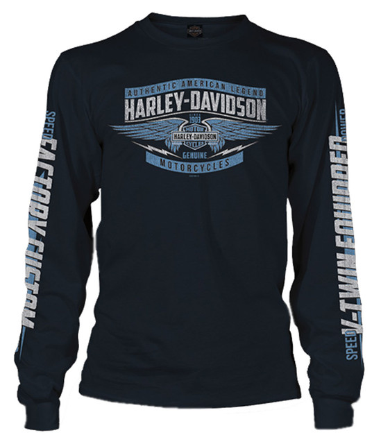 Harley-Davidson Men's Distressed Bystander Long Sleeve Crew Shirt, Navy Blue - Wisconsin Harley-Davidson