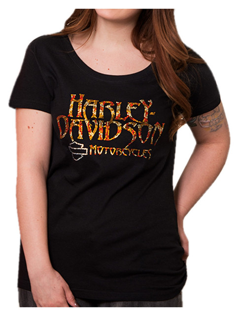Harley-Davidson Women's Embellished Replicate Fire Short Sleeve Tee, Black - Wisconsin Harley-Davidson