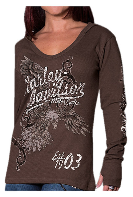 Harley-Davidson Women's Distressed Flier Eagle Thermal Hoodie, Espresso Brown - Wisconsin Harley-Davidson