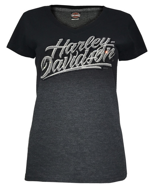 Harley-Davidson Women's Embellished Midnight Script V-Neck Tee, Gray Ombre Fade - Wisconsin Harley-Davidson
