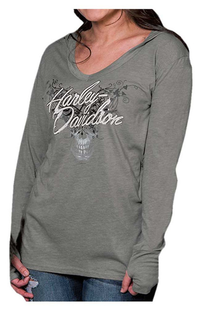 Harley-Davidson Women's Skull Vines V-Neck Long Sleeve Hoodie Shirt, Gray - Wisconsin Harley-Davidson