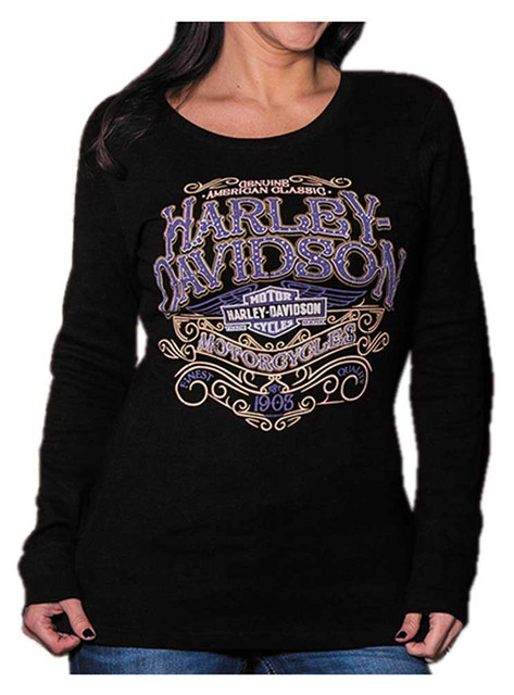 Harley-Davidson Women's Warrant Studded Long Sleeve Ribbed Shirt, Black - Wisconsin Harley-Davidson