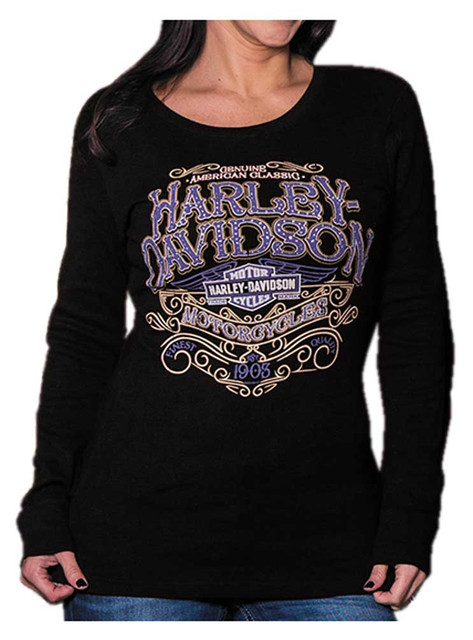 Harley-Davidson Women's Warrant Studded Long Sleeve Ribbed Shirt, Black - Wisconsin Harley-Davidson