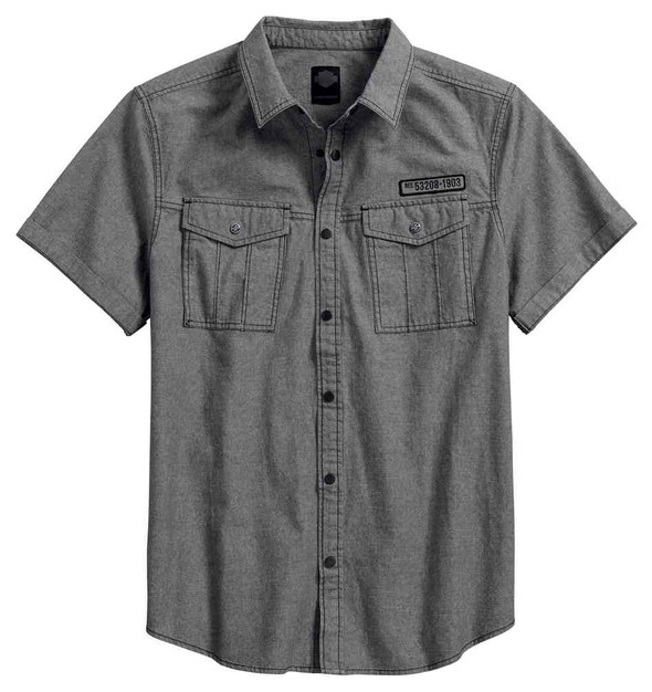 Harley-Davidson Men's Double Pocket Denim Short Sleeve Shirt, Gray 96645-17VM - Wisconsin Harley-Davidson