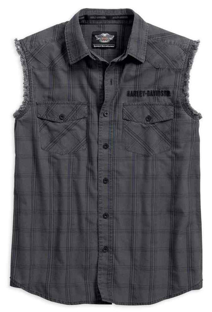 Harley-Davidson Men's Worn Plaid Sleeveless Blowout Shirt, Gray 96623-17VM - Wisconsin Harley-Davidson
