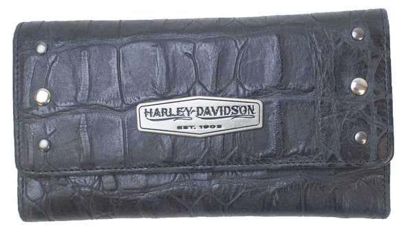 Harley-Davidson Women's Croco Tri-Fold Clutch Leather Wallet LC7483L-BLACK - Wisconsin Harley-Davidson