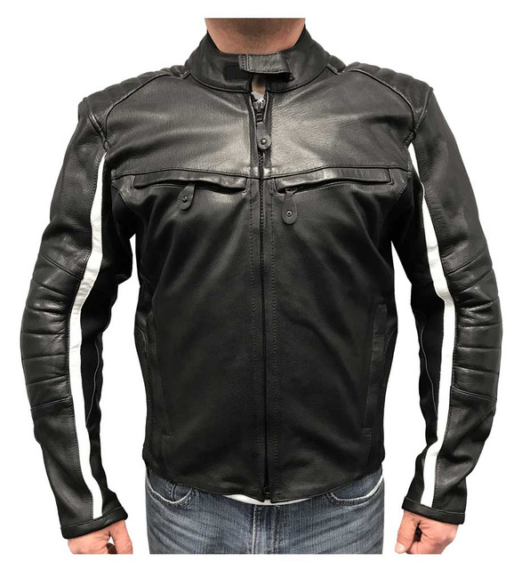 Redline Men's White Striped Goat Skin Leather Motorcycle Jacket, Black M-BWG - Wisconsin Harley-Davidson