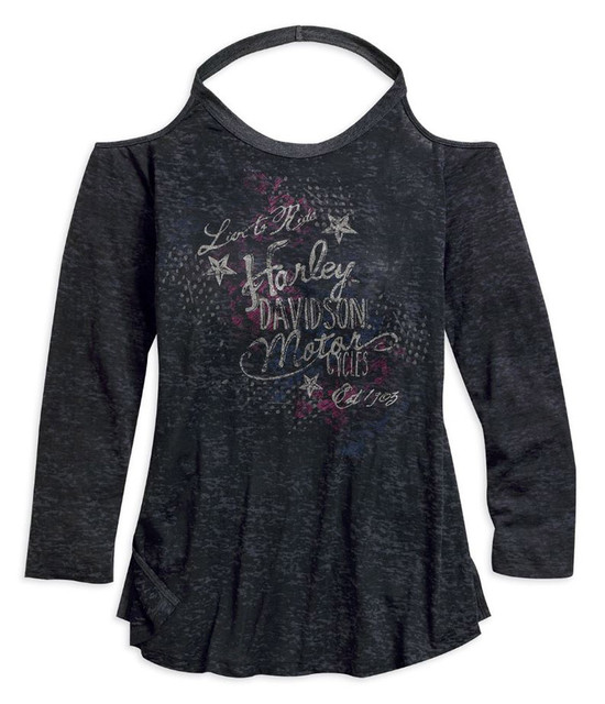 Harley-Davidson Women's Burnout Cold Shoulder Long Sleeve Top, Gray 96074-17VW - Wisconsin Harley-Davidson