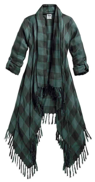 Harley-Davidson Women's Plaid Fringed Woven Cardigan, Green & Black 96028-18VW - Wisconsin Harley-Davidson