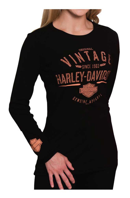 Harley-Davidson Women's Original Vintage Long Sleeve Round Neck Shirt, Black - Wisconsin Harley-Davidson