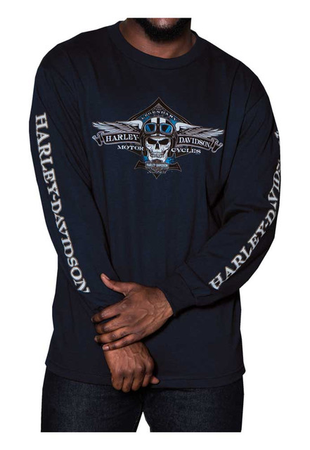 Harley-Davidson Men's Aviator Skull Long Sleeve Crew Neck Shirt, Navy Blue - Wisconsin Harley-Davidson