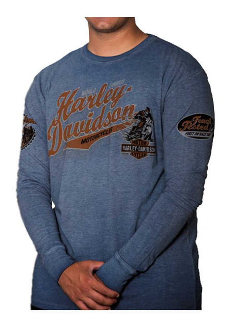 Harley-Davidson Men's High Roller Premium Long Sleeve Shirt, Denim Blue Wash - Wisconsin Harley-Davidson