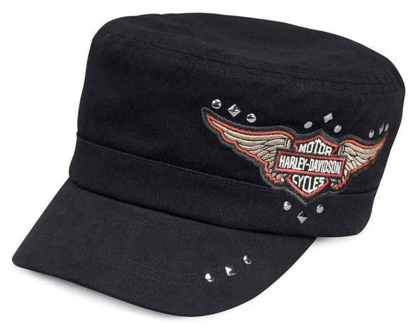 Harley-Davidson Women's Studded Winged Logo Flat Top Cap, Black 99441-18VW - Wisconsin Harley-Davidson