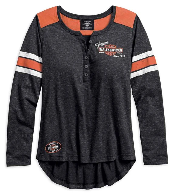 Harley-Davidson Women's Genuine Oil Can Long Sleeve Henley, Black 99070-18VW - Wisconsin Harley-Davidson